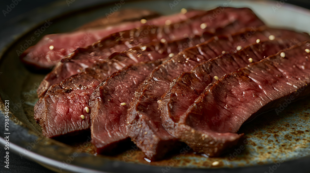 Appetizing image shows freshly sliced grilled beef steak, highlighting the meat's succulence and perfect searing Appetizing image shows freshly sliced grilled beef steak, highlighting the meat's succulence and perfect searing