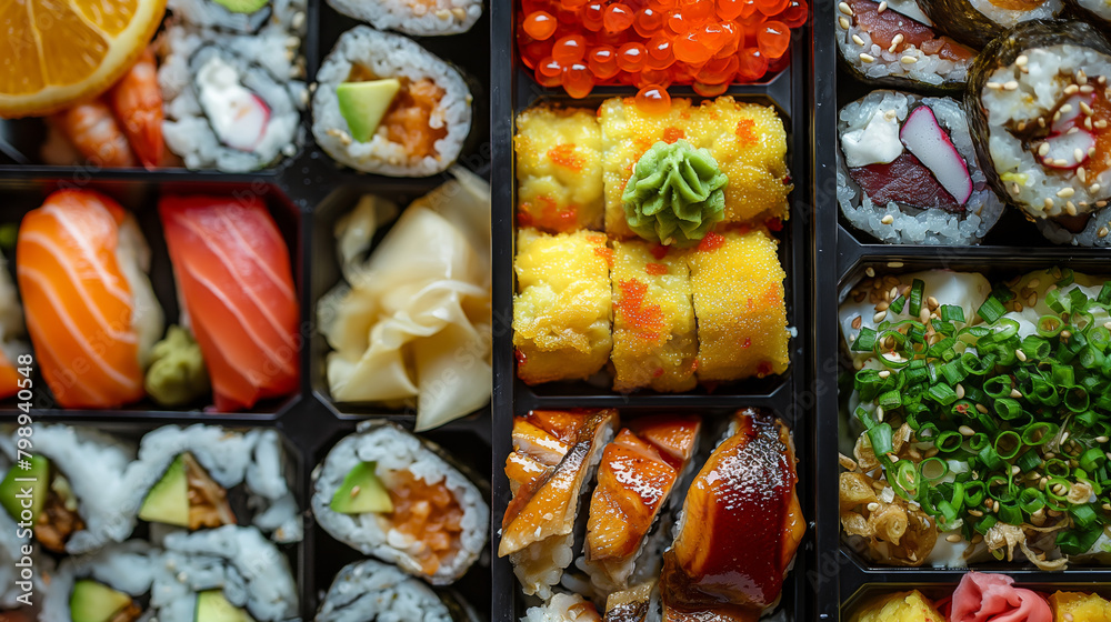 Close-up shot of a colorful selection of sushi offering a detailed look at the intricate preparation and fresh ingredients involved