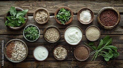 Top view of a variety of digestive health foods like yogurt whole grains and leafy greens neatly arranged on a rustic wooden table photo