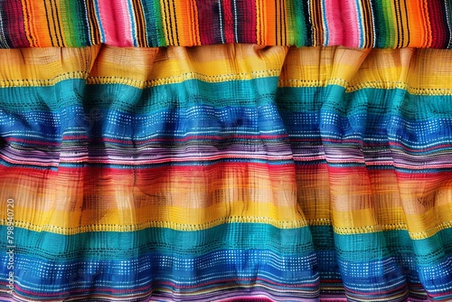 Colorful tradition showcased in taco photography against vibrant Mexican serape fabric textures. © dekreatif