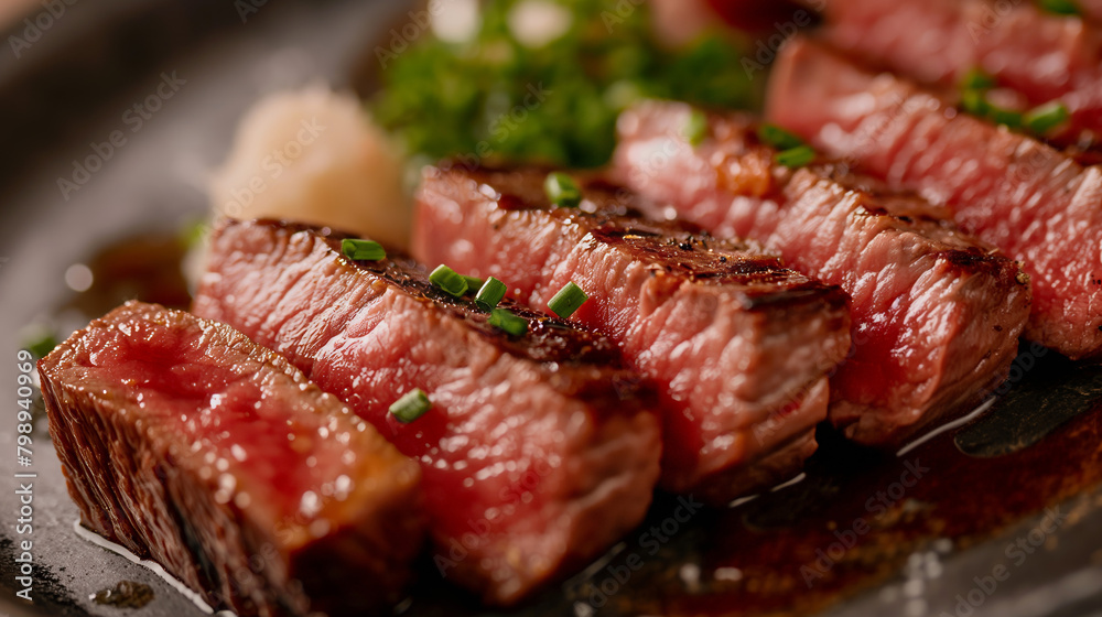 Succulent medium-rare steak slices with fresh garnish, served on a plate exuding fine dining and culinary art Succulent medium-rare steak slices with fresh garnish, served on a plate exuding fine dining and culinary art