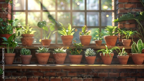 Serene array of fresh plants in terra cotta pots decorates a wooden shelf in a sunlit room. © rorozoa