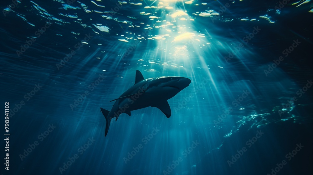 In the depths of a crystal-clear ocean, a majestic shark glides gracefully through the water,