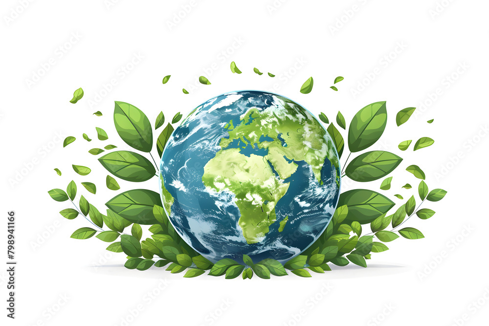 Illustration of the green planet Earth on a white background, representing the concept of Earth Day and environmental conservation.