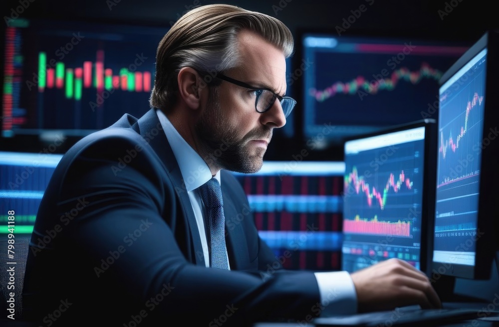 Guy sitting at desk in office and watching stock market, male trader in glasses, looking at monitors, analyzing price movement, close-up trading concept Guy sitting at desk in office and watching stock market, male trader in glasses, looking at monitors, analyzing price movement, close-up trading concept