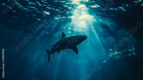 In the depths of a crystal-clear ocean, a majestic shark glides gracefully through the water, © Ayesha