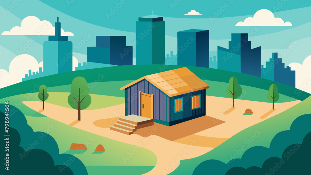 An aerial view illustration of a preserved slave cabin surrounded by a modern cityscape highlighting the importance of remembering and acknowledging. Vector illustration