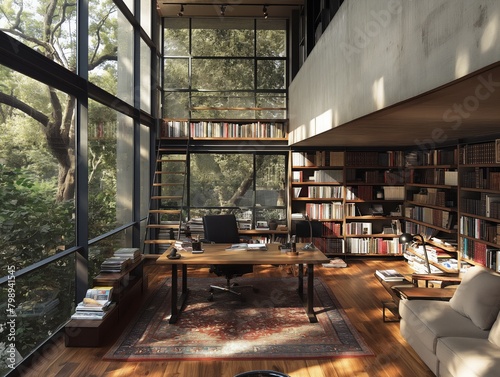 A large room with a lot of books and a desk with a chair. The room has a lot of natural light coming in from the windows