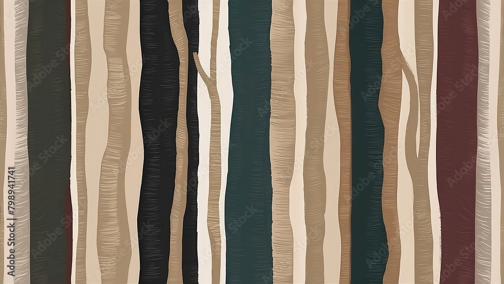 An abstract vertical tree bark design with subtle touches and strokes in muted earthy tones of beige, black, darg green and dark red. The texture is detailed but smooth. It is a simple but elegant