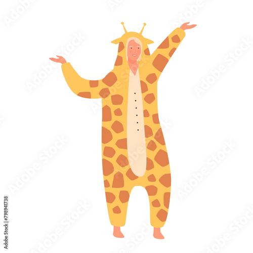 Adult cute person in giraffe costume dancing on sleepover or carnival party vector illustration