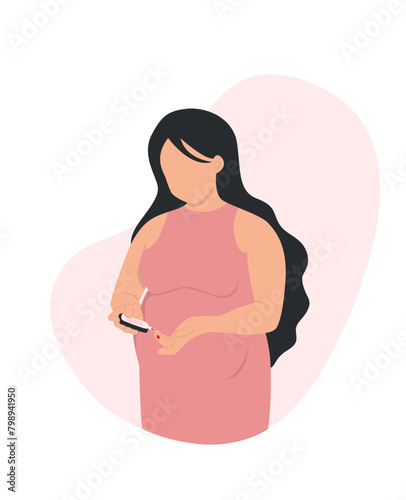 Pregnant woman checking blood sugar level with blood glucose meter.