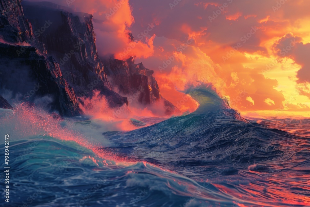 A dramatic seascape with towering waves crashing against rugged cliffs, captured during a vibrant sunset with fiery orange and pink hues painting the sky 