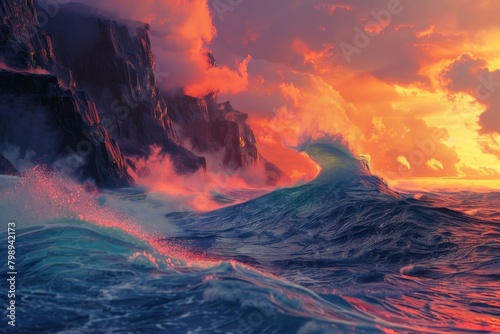 A dramatic seascape with towering waves crashing against rugged cliffs, captured during a vibrant sunset with fiery orange and pink hues painting the sky 