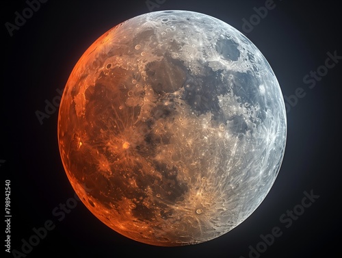 A large, red and white moon in the sky. The red color of the moon is striking and stands out against the dark background photo
