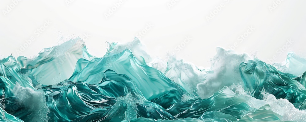 Obraz premium A dynamic scene featuring stylized, geometric waves in shades of teal and turquoise crashing against a crisp white background, perfect for a modern surf brand 