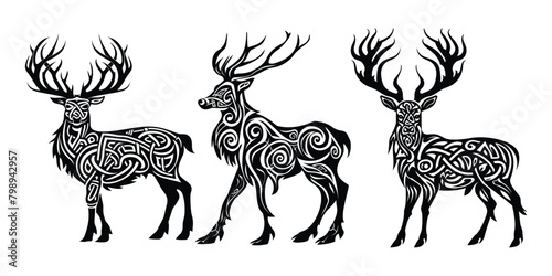 Celtic Deers vector Set. Deers logo with ornament Black And White Vector illustration
