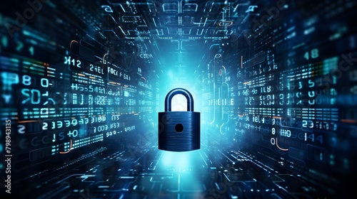  Enter the realm of cyber security with a captivating image of a digital padlock amidst abstract blue data background, symbolizing the importance of protecting computer information in the digital age,