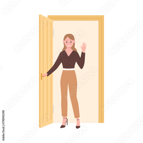 Young woman standing in doorway and holding door handle, girl smiling and waving vector illustration