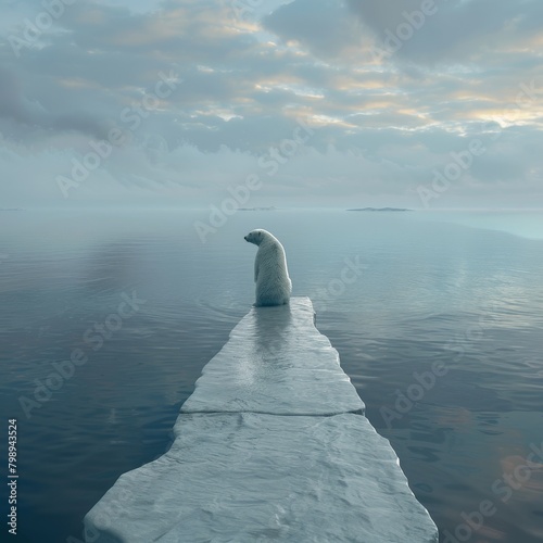 A heartbreaking image of a polar bear stranded on a shrinking ice floe, with a vast, empty ocean in the background 