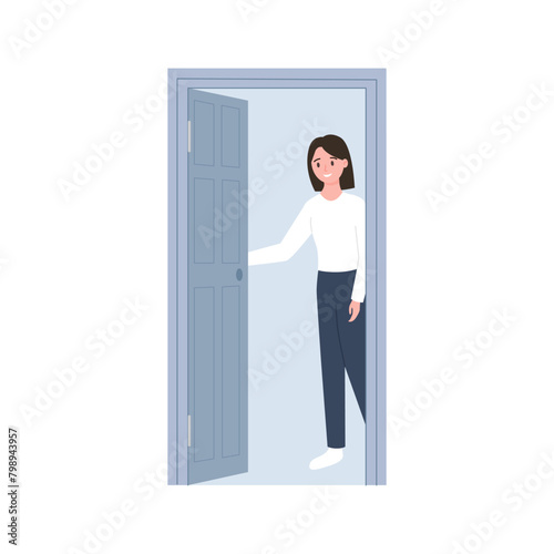 Young woman opening gray door, female character standing in doorway for meeting vector illustration