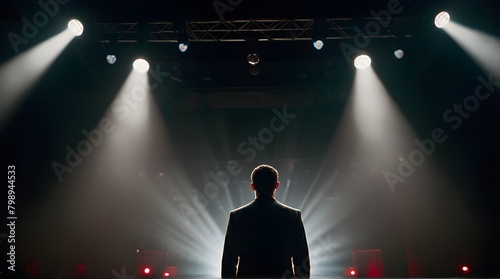 Performing arts events promotion, theatrical performances advertising, stage lighting equipment demonstration,Man Standing in Stage Lights: Back View photo