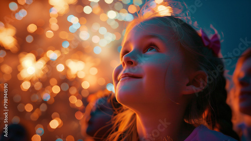 kid looking fireworks in the sky with wide opened eyes