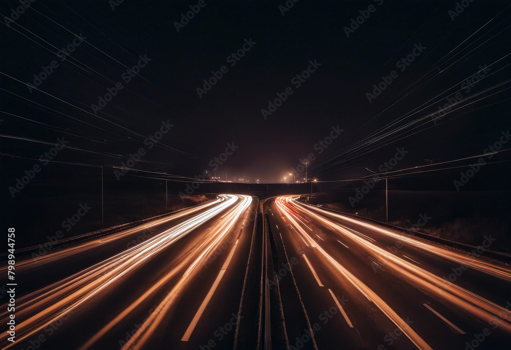 Obraz premium road driving long night shot exposure reflector line motion headlamp blur blurred asphalt car lane light yellow dark mexico highway pursuit chase vehicle background empty nobody outdoors