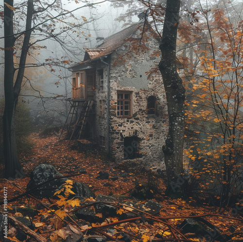 mill sorounded with trees in nature old house, secret forest, foggy autumn photo