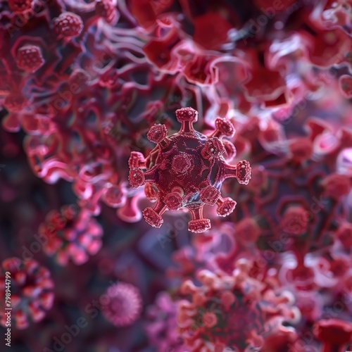 A macro shot of a crimson geometric virus, with a complex and beautiful structure 