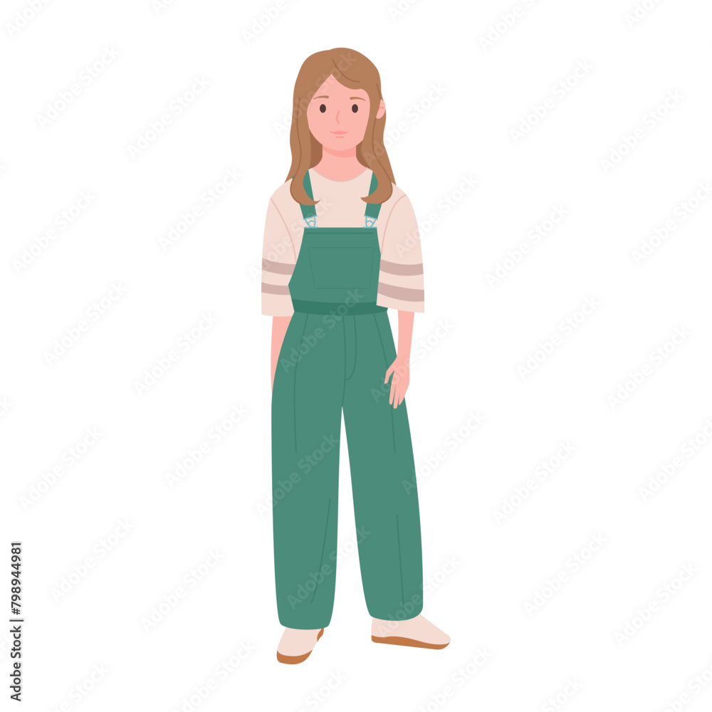 Teen girl in green modern overalls standing and smiling vector illustration Teen girl in green modern overalls standing and smiling vector illustration