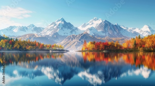 A majestic mountain range reflected in a still alpine lake  with a vibrant autumn forest ablaze with color on the shoreline under a clear blue sky 