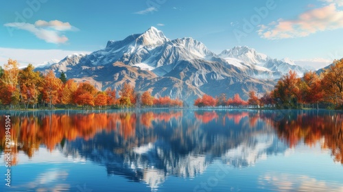 A majestic mountain range reflected in a still alpine lake, with a vibrant autumn forest ablaze with color on the shoreline under a clear blue sky 