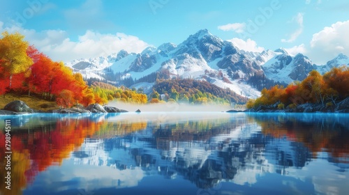 A majestic mountain range reflected in a still alpine lake  with a vibrant autumn forest ablaze with color on the shoreline under a clear blue sky 