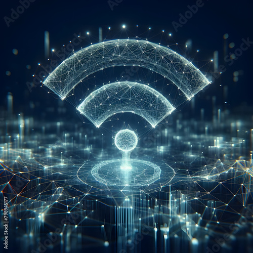  3D conceptual illustration of a central WiFi symbol connected to various devices and smaller WiFi symbols  set against a dark background. The WiFi and device icons are illuminated in blue