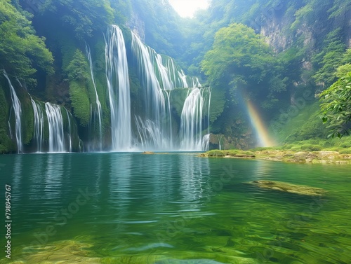 A beautiful waterfall surrounded by trees and a rainbow. The water is clear and calm, creating a serene and peaceful atmosphere