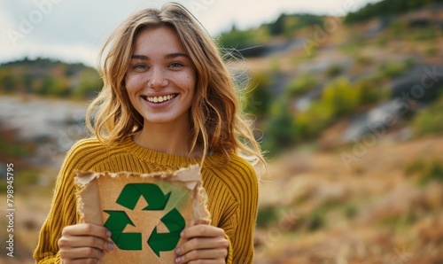 Portrait of happy smiling woman holding paper with green recycling sign over natural background. Eco living, environment and sustainability concept, Generative AI #798945795