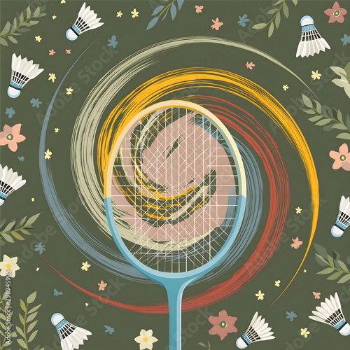 Vibrant Badminton Motion Illustration with Floral Elements  © Єгор Городок