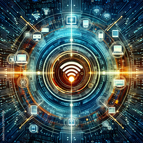  3D conceptual illustration of a central WiFi symbol connected to various devices and smaller WiFi symbols, set against a dark background. The WiFi and device icons are illuminated in blue