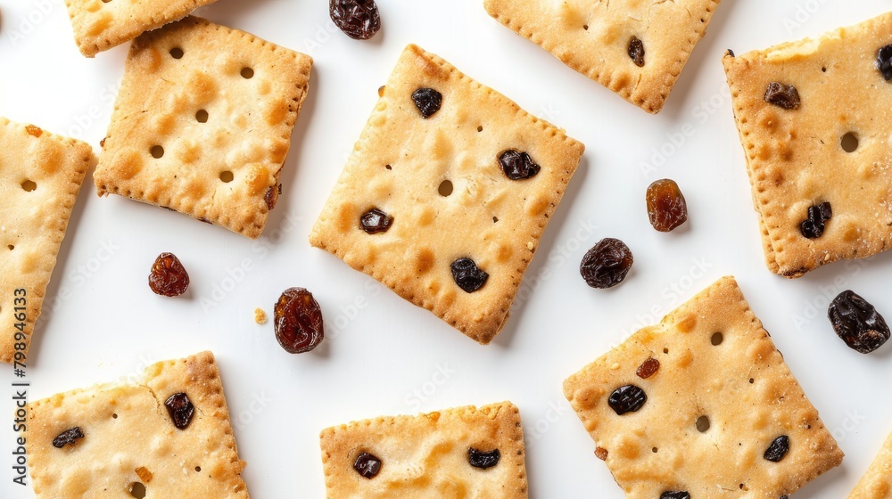 Top view of raisin studded sweet and crispy crackers on a white background Top view of raisin studded sweet and crispy crackers on a white background