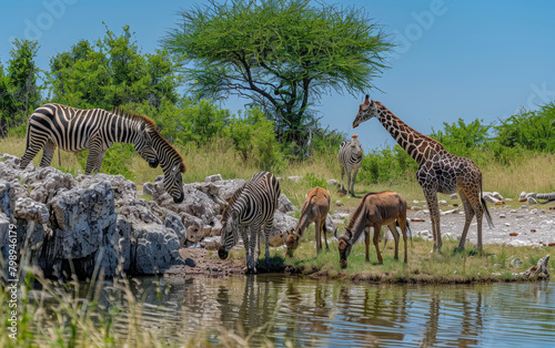 A group of zebras and giraffes drinking at the watering hole in an African wildlife scene  with elephants standing nearby