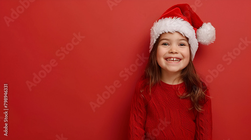 A joyful little child wearing a Santa hat