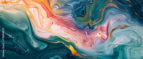 Dynamic swirls of marble ink adorn a blank canvas, their radiant glitters igniting the imagination and fueling a spirit of exploration amidst an abstract landscape. photo