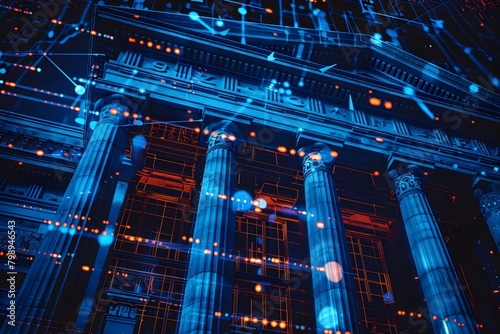 Classical architecture with digital elements, showcasing a traditional building overlaid with a network of glowing digital connections, symbolizing the intersection of history and modern technology photo