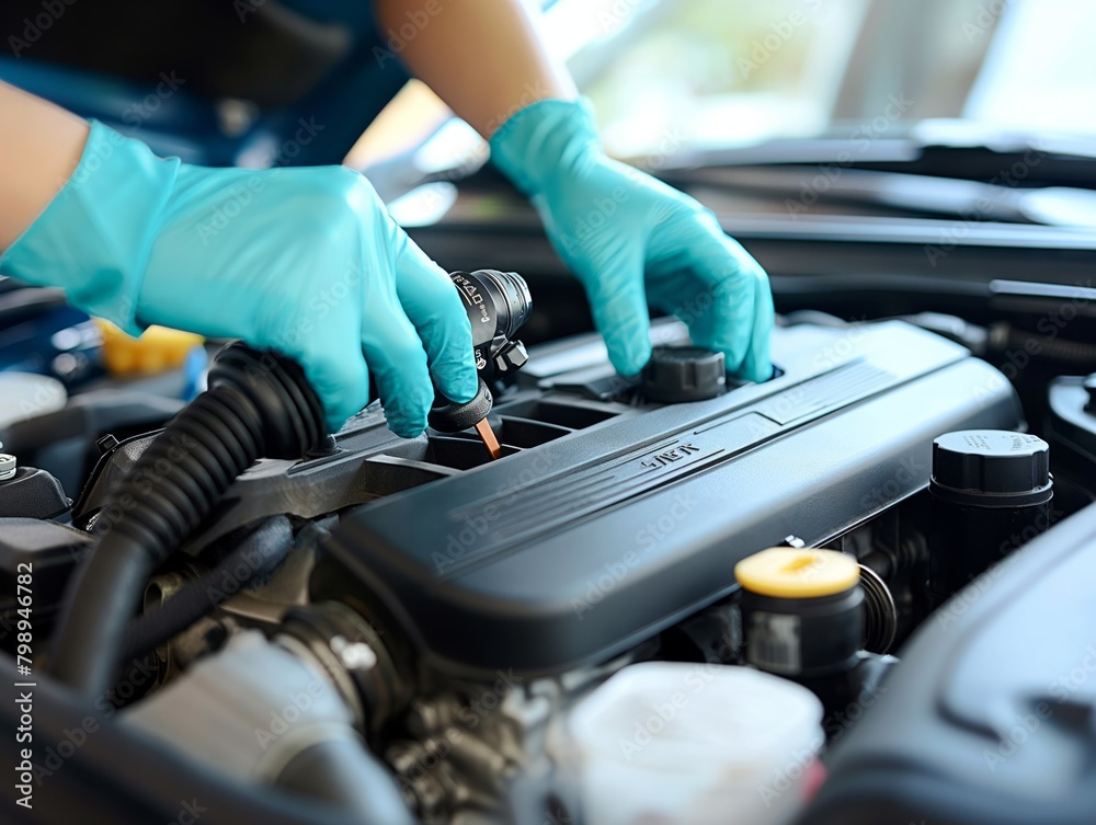 A mechanic is working on a car engine, wearing blue gloves. Concept of precision and care as the mechanic carefully inspects and repairs the engine