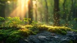 Enchanted woodland scene with a moss-covered boulder, early morning dew sparkling under the first rays of dawn.