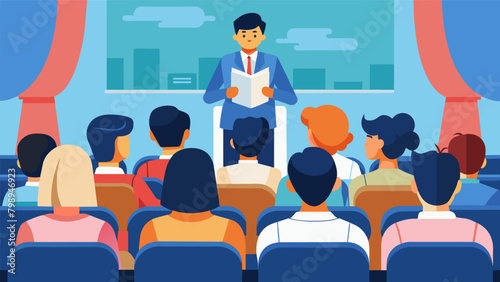 In a school auditorium a crowd of students and teachers listen attentively to the speeches in the oratorical contest. Some take notes and others clap. Vector illustration