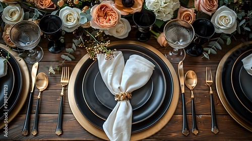 Trendy Black and Gold Table Arrangement for Wedding Reception