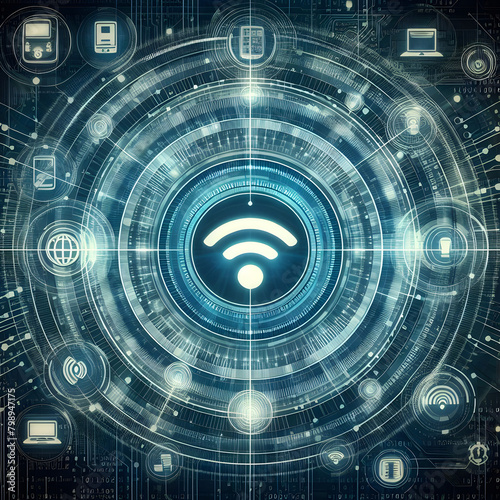  3D conceptual illustration of a central WiFi symbol connected to various devices and smaller WiFi symbols, set against a dark background. The WiFi and device icons are illuminated in blue