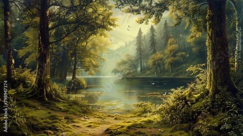 In the heart of an ancient forest  a tranquil lake mirrors the verdant canopy above.