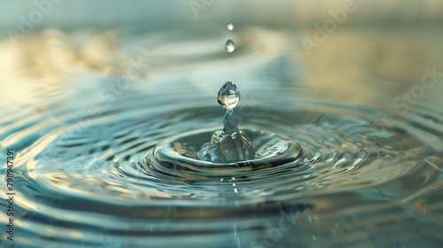 Artistic image of a crystal clear tear drop falling into a still pool of water creating subtle ripples and capturing the moment of impact